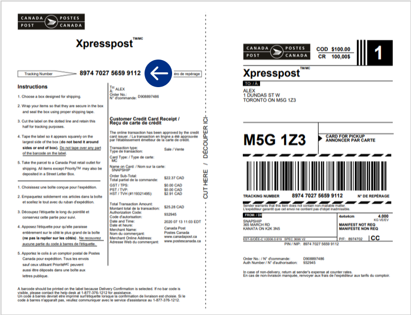 An example of an online shipping label with an arrow indicating where the tracking number is found.