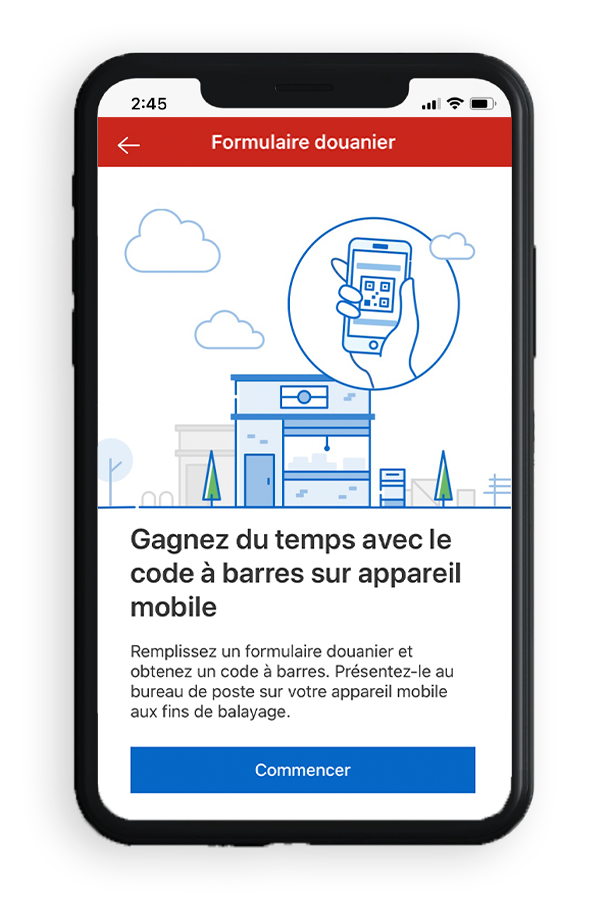 Un téléphone cellulaire affiche l’application mobile de Postes Canada. On y voit une section sur le formulaire douanier et la façon de gagner du temps grâce à un code à barres mobile, ainsi qu’un bouton pour commencer