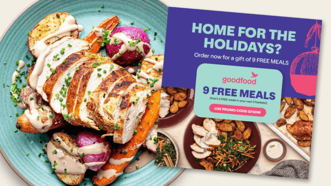 Goodfood direct mail card offering free meals next to a plate with a cooked Goodfood meal
