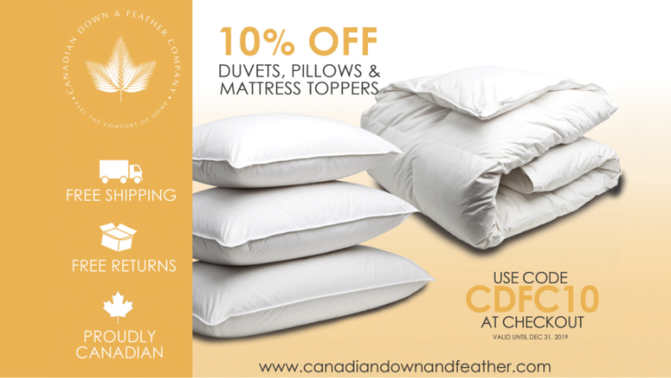 Canadian Down and Feather direct mail postcard offering 10% off discount code to customers.