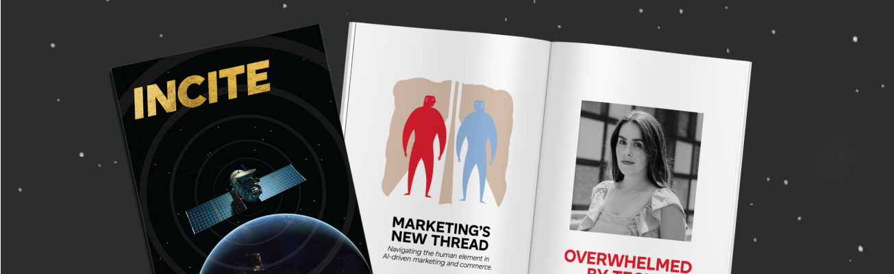 The cover of the technology issue of “incite” magazine and the open magazine displaying the “marketing’s new thread” article.